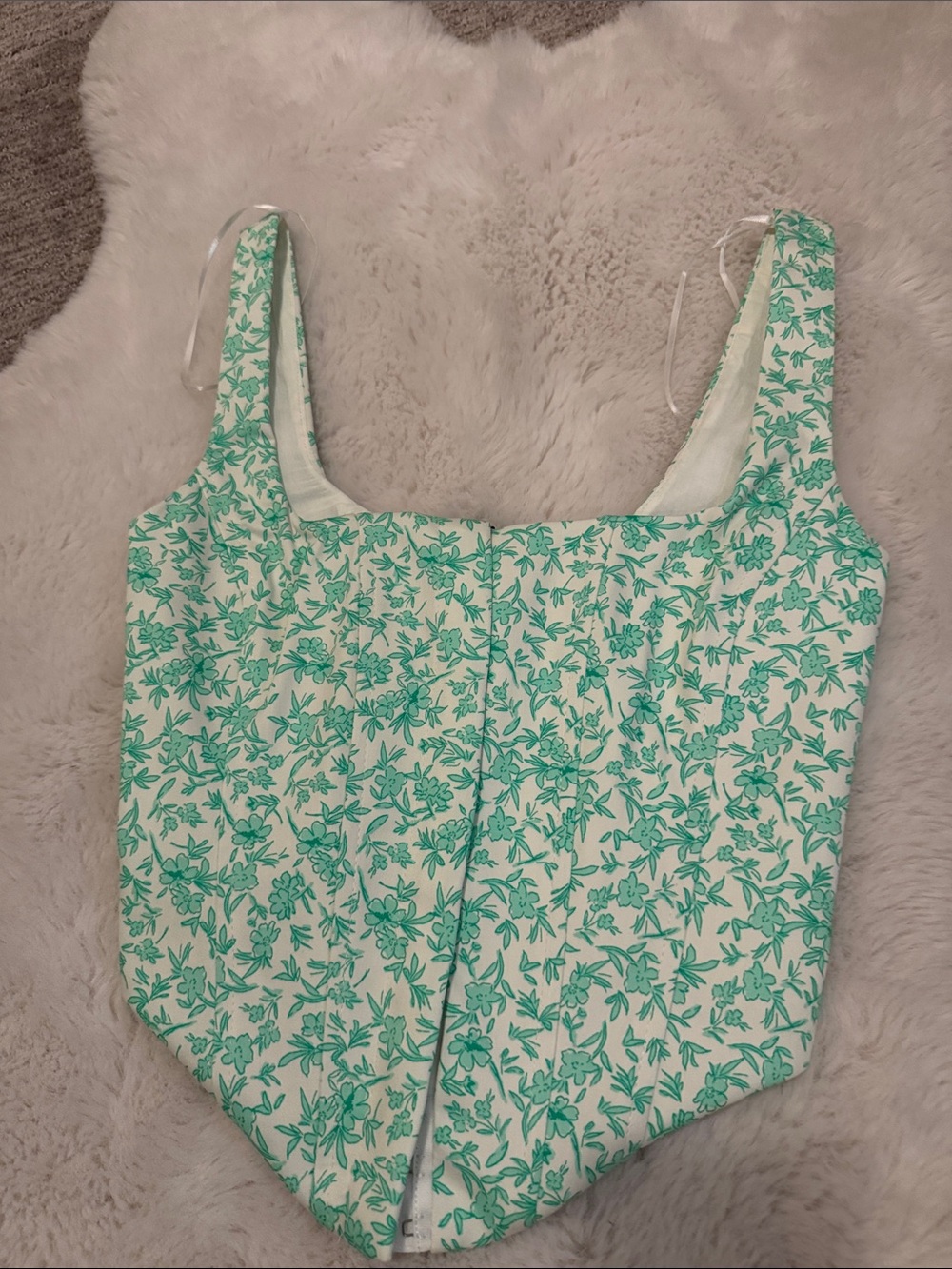 Zara Cream and Mint Green Floral Square-Neck Camisole
